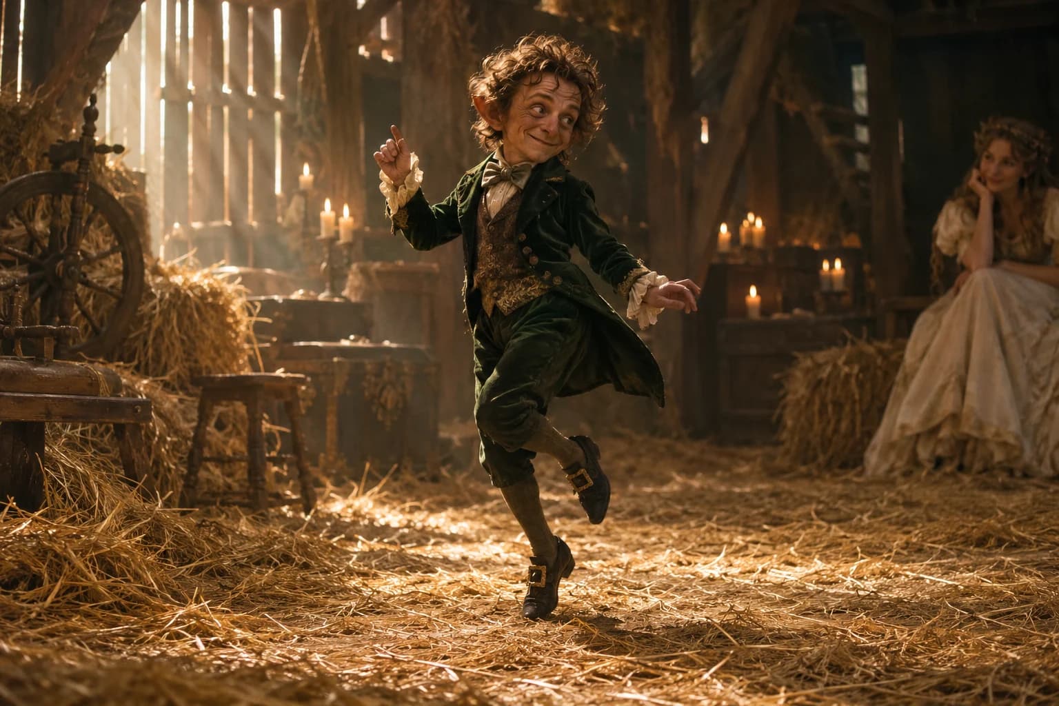 Original AI Rumpelstiltskin style preview: a fantasy imp in a green velvet coat tiptoeing through a candlelit barn